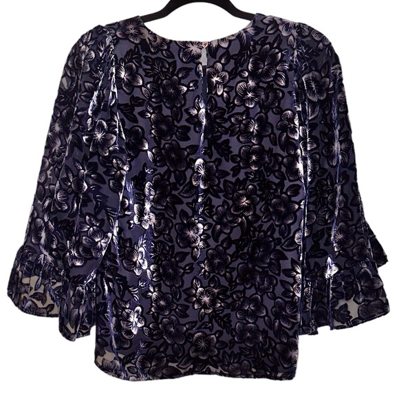 DREW Blake Blue Velvet Floral Top Size Small Blouse Sheer Flare Ruffle Sleeves - Picture 3 of 9